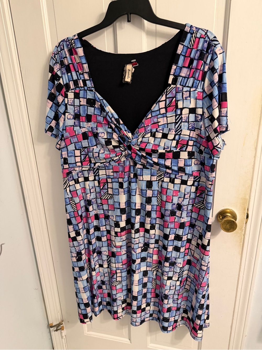 Lucie Lu Knot-Front Mosaic Print Dress in Blue and Pink